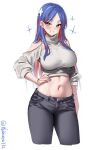  1girl artist_name blue_hair blue_nails blush breasts clothing_cutout commentary_request cowboy_shot cropped_legs earrings ebifurya eyelashes grin hand_on_own_hip highres jewelry kantai_collection large_breasts long_hair looking_at_viewer multicolored_hair nail_polish navel one-hour_drawing_challenge pants parted_bangs red_hair shoulder_cutout simple_background smile solo south_dakota_(kancolle) star_(symbol) streaked_hair stud_earrings turtleneck twitter_username white_background white_hair 