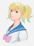  1girl a_ichiro blonde_hair blue_sailor_collar closed_mouth commentary_request gradient_hair green_eyes kageki_shoujo!! lips looking_at_viewer multicolored_hair portrait sailor_collar school_uniform serafuku simple_background solo twintails watanabe_sarasa white_background 