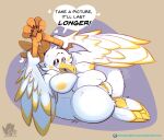 ankle_grab anthro anus areola ass_up avian avian_feet beak belly belly_overhang bird blush breast_rest breast_squish breasts butt butt_focus feathered_wings feathers female genitals gull hi_res inverted_nipples kapigator lari larid leg_grab navel nipples pose pubes pussy raised_wings solo speech_bubble spread_pussy spread_wings spreading squish stretching tail tail_feathers text thigh_squish waferkapn wings