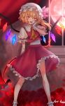  1girl :d absurdres alice_tam ascot bangs blonde_hair blush bobby_socks commentary_request crystal curtains eyebrows_visible_through_hair fang flandre_scarlet flower frilled_shirt_collar frilled_skirt frills full_body hand_to_own_mouth hat hat_ribbon heart highres holding holding_weapon laevatein_(touhou) looking_at_viewer mary_janes mob_cap moon one_side_up open_mouth petals puffy_short_sleeves puffy_sleeves red_eyes red_footwear red_ribbon red_skirt red_vest ribbon rose rose_petals shoes short_sleeves side_ponytail simple_background skirt smile socks solo standing touhou vest weapon white_background white_headwear white_legwear window wings yellow_ascot 