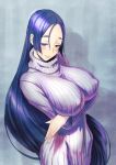 1girl bangs blue_background blush breasts closed_mouth commentary covered_nipples crossed_arms curvy fate/grand_order fate_(series) fujii_eishun hair_between_eyes half-closed_eyes highres large_breasts lips long_hair long_sleeves low-tied_long_hair mature_female minamoto_no_raikou_(fate) purple_eyes purple_hair ribbed_sweater simple_background smile solo sweater turtleneck turtleneck_sweater very_long_hair 