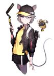  1girl absurdres animal_ears arknights bangs baseball_cap beudelb black_jacket click_(arknights) closed_mouth fingerless_gloves gloves grey_eyes grey_hair hat highres jacket mouse_ears mouse_girl mouse_tail pantyhose shirt short_hair simple_background single_fingerless_glove solo staff tail yellow_shirt 