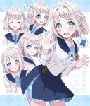  1girl :o ^_^ blue_overskirt blue_ribbon blue_sailor_collar blue_skirt blush closed_eyes flying_sweatdrops gakuen_idolmaster grey_hair hair_ribbon half_up_braid hatsuboshi_gakuen_school_uniform highres idolmaster jacket katsuragi_lilja long_sleeves looking_at_viewer maru51 multiple_views neck_ribbon pleated_skirt ribbon ribbon_braid sailor_collar school_uniform shirt short_hair skirt spoken_x sweatdrop waving_hands white_jacket white_shirt 