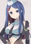  1girl black_jacket black_necktie blue_eyes blue_hair breasts collared_shirt dress_shirt grey_background hand_on_own_hip harunagi_(amairo345) headgear jacket kantai_collection looking_at_viewer medium_breasts multicolored_hair navel necktie one-hour_drawing_challenge red_hair shirt simple_background sleeveless sleeveless_shirt solo south_dakota_(kancolle) south_dakota_kai_(kancolle) upper_body watermark white_shirt 