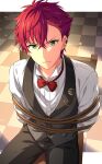  1boy absurdres bangs black_pants black_vest bound bound_wrists bow bowtie chair ear_piercing earrings formal green_eyes helios_rising_heroes highres jewelry looking_at_viewer male_focus multiple_earrings on_chair otori_akira pants piercing red_bow red_bowtie red_hair rope sekina shirt short_hair sitting solo tied_to_chair vest white_shirt 