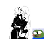  2girls arms_around_neck blindfold blush bob_cut boy&#039;s_club breasts bulging_eyes closed_eyes commentary_request contrapposto covered_eyes dress french_kiss gloves greyscale hairband huqu juliet_sleeves kiss korean_commentary large_breasts long_hair long_sleeves monochrome multiple_girls nier_(series) nier_automata pepe_the_frog puffy_sleeves simple_background standing white_background wide-eyed yorha_no._2_type_b yorha_type_a_no._2 yuri 