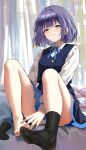  1girl absurdres arm_between_legs bare_legs barefoot black_socks blue_overskirt blue_ribbon blue_skirt blue_vest character_name commentary_request feet gakuen_idolmaster hataya_misuzu highres idolmaster knees_up legs looking_at_viewer miraclemeteor mole mole_under_mouth neck_ribbon no_shoes panties pantyshot purple_hair ribbon shirt short_hair single_bare_foot sitting skirt skirt_set socks soles solo toenails toes underwear vest white_panties white_shirt 