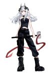  1girl alternate_costume arknights bangs bare_shoulders boots cargo_pants closed_mouth demon_girl demon_horns highres horns mudrock_(arknights) nanaponi navel oripathy_lesion_(arknights) pants pointy_ears red_eyes silver_hair sketch solo strapless tube_top war_hammer weapon 