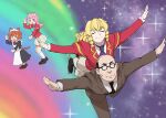  akuyaku_reijou_tensei_ojisan balding black_footwear blazer blonde_hair brown_eyes brown_hair brown_suit carrying carrying_person cat_girl closed_eyes closed_mouth dancing drill_hair glasses grace_auvergne grey_skirt highres ice_skates ice_skating jacket loafers long_hair luka_millfy maid old old_man outstretched_arms overman_king_gainer pink_hair red_jacket school_uniform shimamura_joe shoes skates skating skirt smile star_(sky) suit tondabayashi_kenzaburou ueyama_michirou 