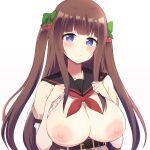  .live 1girl bad_id bad_nijie_id belt blue_eyes blush breasts breasts_outside brown_hair cherry cherry_hair_ornament exhibitionism food food-themed_hair_ornament fruit hair_ornament hair_ribbon hands_on_own_chest jewelry kakyouin_chieri large_breasts long_hair nipples ribbon sailor_collar solo symbol-shaped_pupils virtual_youtuber yuukagen_(poipoipopoino) 