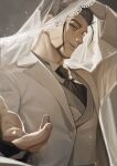  1boy alternate_costume ascot beckoning black_ascot black_hair bridal_veil buttons facial_hair formal golden_kamuy groom hair_slicked_back hair_strand hand_in_hair hand_on_head highres jacket long_sleeves male_focus midomido ogata_hyakunosuke scar scar_on_cheek scar_on_face short_hair solo suit upper_body veil white_jacket white_suit wing_collar yellow_eyes 