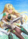  1girl bangs bare_shoulders blonde_hair breasts chest_jewel dress earrings elbow_gloves gloves highres inuneco jewelry large_breasts long_hair mythra_(massive_melee)_(xenoblade) mythra_(xenoblade) pantyhose short_dress solo super_scope super_smash_bros. swept_bangs tiara very_long_hair white_dress white_gloves xenoblade_chronicles_(series) xenoblade_chronicles_2 yellow_eyes 
