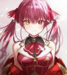  1girl ascot bad_id bad_pixiv_id bangs breasts commentary_request hair_ribbon heterochromia highres hololive houshou_marine kiki-yu large_breasts long_hair red_ascot red_eyes red_hair ribbon smile solo twintails upper_body virtual_youtuber yellow_eyes 