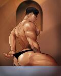  1boy arm_tattoo artist_name ass bara black_hair black_male_underwear character_request closed_mouth dripping ear_piercing highres idoraad large_pectorals male_focus male_underwear muscular muscular_male neck_tattoo nipples pectorals piercing real_life sitting solo tattoo thick_thighs thighs underwear underwear_only 