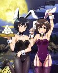  2girls absurdres animal_ears armpits ass_visible_through_thighs bangs bare_shoulders black_bow black_bowtie black_footwear black_hair black_legwear black_leotard bow bowtie brave_witches breasts brown_eyes brown_hair cleavage closed_mouth cloud collarbone covered_navel dango detached_collar eyebrows_visible_through_hair fishnet_legwear fishnets food forest garter_straps hair_between_eyes hair_ornament hairclip highres holding holding_food itoi_megumi karibuchi_hikari lake leotard looking_at_viewer mc_axis mochi moon mouth_hold multiple_girls nature night official_art pantyhose playboy_bunny purple_legwear purple_leotard rabbit_ears rabbit_girl sanbou scan shimohara_sadako shoes short_hair small_breasts smile standing standing_on_one_leg strapless strapless_leotard susuki_grass thighhighs tree tsukimi tsukimi_dango wagashi water world_witches_series wrist_cuffs 