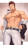  1boy abs bara bare_pectorals belt blue_eyes brown_hair bulge come_hither cross_scar epaulettes erection erection_under_clothes facial_hair fate/grand_order fate_(series) feet_out_of_frame fringe_trim goatee jacket large_pectorals long_sideburns long_sleeves looking_at_viewer male_focus mature_male military military_uniform muscular muscular_male napoleon_bonaparte_(fate) navel navel_hair nipples null_qq open_clothes open_jacket open_shirt pants pectorals scar scar_on_chest seductive_smile short_hair sideburns single_bare_shoulder smile solo stomach thick_thighs thighs tight undressing uniform veins white_pants 
