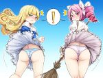  ! 2girls ass blonde_hair blush broom cameltoe closed_mouth clothes_lift drill_hair etokakaitari eyebrows_visible_through_hair frilled_skirt frills green_eyes hair_ornament hair_ribbon highres jashin-chan_dropkick long_hair looking_back multiple_girls panties parted_lips pink_eyes pink_hair pino_(jashin-chan_dropkick) poporon_(jashin-chan_dropkick) red_eyes ribbon shiny shiny_hair short_hair skirt skirt_lift striped striped_panties underwear wavy_mouth white_panties 