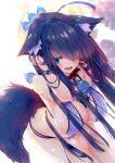  1girl :d absurdres ahoge animal_ear_fluff animal_ears bangs bare_shoulders between_breasts between_legs bikini black_hair blue_eyes blush breasts bubble_tea bubble_tea_challenge cleavage collarbone commentary_request cup disposable_cup drinking_straw eyebrows_visible_through_hair eyes_visible_through_hair fang fox_ears fox_girl fox_tail hair_between_eyes hand_between_legs hand_in_hair hanging_breasts highres large_breasts long_hair looking_at_viewer meme multi-strapped_bikini object_on_breast open_mouth original rozea_(graphmelt) ruffling_hair sidelocks skindentation smile solo string_bikini swimsuit tail very_long_hair white_bikini 