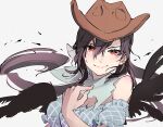  1girl bangs bare_shoulders black_hair black_wings blue_bandana blue_shirt breasts brown_headwear cleavage closed_mouth commentary_request cowboy_hat eyebrows_visible_through_hair eyes_visible_through_hair feathered_wings fingernails hair_between_eyes hand_up hat horseshoe_earrings kurokoma_saki light_blush long_hair looking_at_viewer medium_breasts off-shoulder_shirt off_shoulder pegasus_wings puffy_short_sleeves puffy_sleeves red_eyes shirt short_sleeves simple_background smile solo syuri22 touhou upper_body very_long_hair white_background wings 
