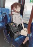  1girl absurdres backpack bag bangs black_bag black_footwear black_shorts blush brown_eyes brown_hair bus bus_interior chair closed_mouth daluto_(hitomi555) expressionless ground_vehicle highres hood hoodie long_hair md5_mismatch motor_vehicle original reflection shoes short_sleeves shorts sitting sneakers solo twintails white_hoodie window 