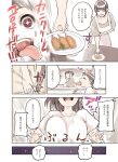  +_+ 1boy 1girl apron bouncing_breasts breasts brother_and_sister brown_hair closed_mouth eating food hachitani_(sunaba_suzume) highres indoors large_breasts open_mouth original pink_eyes ponytail shirt siblings smile smug sunaba_suzume tears tempura toe_hitting tongue tongue_out translated white_apron white_shirt wide-eyed 