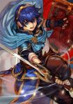  1boy black_gloves blue_cape blue_eyes blue_hair blue_jacket brown_pants cape fingerless_gloves fire_emblem fire_emblem:_mystery_of_the_emblem gloves hairband holding holding_shield holding_sword holding_weapon hungry_clicker incoming_attack jacket looking_at_viewer male_focus marth_(fire_emblem) open_mouth pants shield short_hair solo sword weapon 