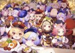  +_+ 6+girls :d :t ^_^ ahoge animal_ear_fluff animal_ears arm_up arms_up bangs bangs_pinned_back barbara_(genshin_impact) beret black_headwear blonde_hair blue_headwear blue_jacket blush brown_eyes brown_gloves cabbie_hat cat_ears cat_girl cat_tail clone closed_eyes closed_mouth commentary_request diona_(genshin_impact) dress drinking_straw drooling explosive eyebrows_visible_through_hair fake_animal_ears fang finger_to_mouth food forehead fried_egg fruit_cup genshin_impact gloves grenade hair_between_eyes hat hat_feather heart highres holding holding_plate hood hood_up jacket klee_(genshin_impact) leaf leaf_on_head long_sleeves lumine_(genshin_impact) multiple_girls navel nose_blush open_mouth pink_hair plate pout profile puffy_long_sleeves puffy_sleeves purple_eyes purple_hair qing_guanmao qiqi_(genshin_impact) raccoon_ears raccoon_hood red_dress red_headwear sausage sayu_(genshin_impact) shirt short_eyebrows smile sparkle sweat tail tail_raised thick_eyebrows tsubasa_tsubasa white_feathers white_shirt x_x 