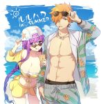  1girl backwards_hat bangs bare_shoulders baseball_cap bb_(fate) bb_(swimsuit_mooncancer)_(fate) beach bikini blush breasts cigarette cleavage closed_mouth collarbone cup day drinking_straw fate/extra fate/grand_order fate_(series) green_eyes grey_shirt grey_shorts hair_over_one_eye hat hat_ornament hawaiian_shirt heart heart-shaped_eyewear jacket jewelry large_breasts licking_lips long_hair long_sleeves looking_at_viewer looking_over_eyewear male_swimwear navel necklace off_shoulder open_clothes open_shirt orange_hair purple_eyes purple_hair robin_hood_(fate) robin_hood_(summer_hunter)_(fate) shirt short_hair shorts skirt smile smoking spiked_hair star_(symbol) star_hat_ornament sunglasses swim_trunks swimsuit thighs tongue tongue_out very_long_hair vivi_(eve_no_hakoniwa) white_bikini yellow_jacket yellow_skirt 