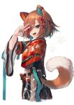  1girl animal_ears arm_up bone_hair_ornament brown_hair cowboy_shot dog_ears dog_girl dog_tail fangs green_eyes green_nails hair_ornament hair_over_one_eye highres looking_at_viewer makihitsuji miyoshino_shiki official_art open_mouth orange_shirt paw_print prism_project prosthetic_ear shirt short_hair simple_background smile solo tail v v_over_eye virtual_youtuber white_background wide_sleeves 