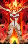  +_+ 1girl ahoge bangs bodysuit breasts crossed_arms explosion floating_hair gloves green_eyes gunbuster_pose highres looking_at_viewer medium_breasts negresco nono_(top_wo_nerae_2!) orange_hair red_gloves scarf solo sunglasses tinted_eyewear top_wo_nerae_2! white_bodysuit yellow_scarf 