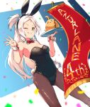  1girl animal_ears anniversary azur_lane banner bird black_legwear black_leotard breasts chick confetti copyright_name detached_collar dutch_angle feet_out_of_frame green_eyes grin leotard long_hair looking_at_viewer manjuu_(azur_lane) one_side_up pantyhose playboy_bunny rabbit_ears rabbit_tail red_neckwear silver_hair sims_(azur_lane) small_breasts smile solo strapless strapless_leotard tail wrist_cuffs youhei_64d 