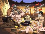  6+boys abs alcohol ass axl_low back black_hair blonde_hair blurry blurry_background bottle boulder breasts brown_hair chipp_zanuff closed_eyes commentary completely_nude crossed_legs dark-skinned_male dark_skin depth_of_field eddie_(guilty_gear) facial_hair fire flexing guilty_gear guilty_gear_strive highres holding holding_bottle holding_weapon ky_kiske leo_whitefang long_hair manly mito_anji multiple_boys muscular nagoriyuki naked_towel no_nipples nude onsen outdoors partially_submerged ponytail pose potemkin_(guilty_gear) shoulder_blades sitting smile soaking_feet sol_badguy tina_fate towel very_dark_skin water weapon zato-1 