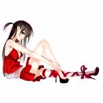  1girl absurdres black_eyes black_hair breasts cleavage dress full_body half_updo hand_on_own_foot high_heels highres kanojo_okarishimasu lips long_hair looking_at_viewer miyajima_reiji mizuhara_chizuru parted_lips red_dress red_footwear red_ribbon ribbon simple_background sitting skindentation solo white_background 