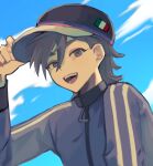  1boy :d adjusting_clothes adjusting_headwear artistic_error backlighting baseball_cap black_eyes black_hair black_hat black_jacket blue_sky cloud day double_vertical_stripe dream_smp from_below hair_behind_ear hair_between_eyes hashtag-only_commentary hat italian_flag jacket long_sleeves looking_at_viewer male_focus minecraft_youtube open_mouth outdoors quackity short_hair sky smile solo teeth tongue track_jacket upper_body whalebone_(muffinsuki) zipper 