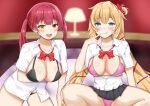  2girls :d :q akai_haato bikini bikini_under_clothes blonde_hair blue_eyes blush bow bowtie breasts cleavage eyebrows_visible_through_hair hair_ornament heart heart_hair_ornament heterochromia highres hololive houshou_marine kouduma_hero lamp large_breasts multiple_girls one_side_up open_clothes open_mouth open_shirt panties red_eyes red_hair skirt smile swimsuit tongue tongue_out twintails unbuttoned unbuttoned_shirt underwear virtual_youtuber yellow_eyes 