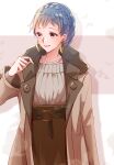  1girl alternate_costume belt blue_hair braid brown_eyes brown_jacket brown_skirt buttons closed_mouth commentary_request contemporary crown_braid earrings fire_emblem fire_emblem:_three_houses grey_sweater high-waist_skirt highres hoop_earrings jacket jewelry lips long_sleeves looking_away looking_to_the_side marianne_von_edmund necklace open_clothes open_jacket pearl_necklace pink_lips short_hair skirt smile solo sweater twitter_username yutohiroya 