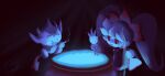  ashley_(warioware) blue_liquid cooking_pot dark_background darkness demon glowing glowing_eyes holding holding_plant nintendo plant potion red_(warioware) red_eyes self-upload simple_background the_cal warioware 