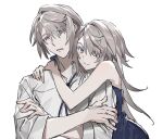  1boy 1girl annoyed bare_shoulders blue_eyes blue_neckwear blush closed_mouth collarbone crossed_arms eyebrows_visible_through_hair grey_hair hair_between_eyes hug human_homeosta long_hair looking_at_viewer original parted_lips shiny shiny_hair simple_background sketch sleeves_rolled_up upper_body white_background yellow_pupils 