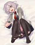  1girl absurdres black_dress black_legwear blush breasts covering covering_crotch dress eyebrows_visible_through_hair fate/grand_order fate_(series) feet glasses hair_over_one_eye highres jacket light_purple_hair looking_at_viewer mash_kyrielight mogullaz necktie no_shoes panties panties_under_pantyhose pantyhose purple_eyes purple_hair short_hair solo toe_scrunch toes torn_clothes torn_legwear underwear wavy_mouth 