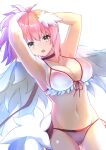  1girl :o arms_up bikini black_choker breasts choker cleavage commission cosmic_break cowboy_shot high_ponytail highres looking_at_viewer medium_breasts melfi navel open_mouth pink_hair ponytail short_hair simple_background solo standing swimsuit tsiruot white_background white_bikini white_wings wings yellow_eyes 