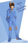 2024 2:3 anthro bodysuit bottomwear canid canine canis clothed clothing collar collar_tag denim denim_bottomwear denim_clothing denim_jacket denim_topwear digital_media_(artwork) dobermann domestic_dog drone ear_piercing female hair hand_in_pocket hi_res jacket mammal meme miramore piercing pinscher pockets signature skinsuit smile solo text tight_clothing topwear