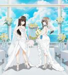  2girls back bare_arms bouquet breasts bridal_veil brown_eyes brown_hair cleavage cloud cloudy_sky copyright_name dress flower full_body girls_und_panzer high_heels looking_at_viewer looking_back multiple_girls nishizumi_shiho ocean official_art rose shimada_chiyo sky smile stab veil water wedding_dress white_dress white_footwear 