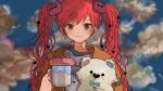  1girl alternate_hair_color bangs bear_hair_ornament blue_sky brown_eyes closed_mouth cloud coffee_cup commentary_request cup disposable_cup doughnut earrings food hair_ornament hatsune_miku heart heart_hair_ornament jacket jewelry long_hair looking_at_viewer maple_(abc2215) orange_jacket purple_shirt red_hair shirt sky solo stud_earrings stuffed_animal stuffed_toy teddy_bear twintails upper_body vocaloid 