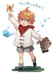  1boy :o ahoge arm_up bandaid bandaid_on_cheek bandaid_on_knee bangs blue_eyes blush_stickers boots child commentary genshin_impact grey_shorts hair_between_eyes highres holding holding_stuffed_toy long_sleeves male_focus miz_003 open_mouth orange_hair pinwheel red_scarf ruin_guard_(genshin_impact) scarf shorts simple_background solo stuffed_toy symbol-only_commentary tartaglia_(genshin_impact) teeth translation_request upper_teeth white_background younger 