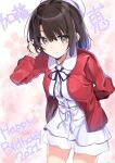  1girl black_hair black_neckwear black_ribbon brown_hair closed_mouth commentary_request dated dress happy_birthday highres katou_megumi looking_at_viewer narumiya_(empty_cafe) ribbon saenai_heroine_no_sodatekata short_hair solo thighs white_dress 