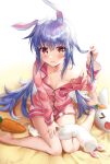  1girl absurdres alternate_hairstyle animal_ear_fluff bare_legs barefoot bed_sheet blue_hair blush breasts bunny-shaped_pupils button_gap carrot cleavage collarbone colored_inner_hair commentary don-chan_(usada_pekora) eyebrows_visible_through_hair full_body fur_scarf hair_between_eyes hair_down highres holding holding_hair hololive long_hair long_sleeves looking_at_viewer multicolored_hair neru0509 no_bra nousagi_(usada_pekora) off_shoulder pajamas parted_lips pink_shirt pink_shorts red_eyes shirt short_shorts shorts simple_background sitting sleepwear small_breasts striped striped_shirt symbol-shaped_pupils thick_eyebrows two-tone_hair usada_pekora virtual_youtuber wariza white_background white_hair 