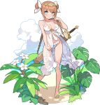  1girl artist_request babydoll bangs bare_shoulders barefoot beach bikini blue_eyes blunt_bangs blush breasts brown_hair bun_cover closed_mouth cloud collarbone day double_bun eyebrows_visible_through_hair fern flower full_body gem hand_up headpiece highres holding_strap lilith_(world_flipper) looking_at_viewer medium_breasts navel non-web_source ocean official_alternate_costume official_art outdoors sand see-through sheath sheathed shiny shiny_hair shiny_skin short_hair shy sidelocks skindentation solo stomach swimsuit tied_hair transparent_background water wavy_mouth weapon weapon_on_back white_bikini white_flower world_flipper 