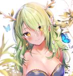  1girl absurdres antlers bangs blush branch breasts ceres_fauna cleavage collarbone commentary english_commentary eyes_visible_through_hair green_eyes green_hair highres hololive hololive_english large_breasts long_hair maru_ccy mole mole_under_eye plant smile solo virtual_youtuber yellow_eyes 