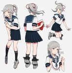  1girl bangs black_legwear blue_skirt blush brown_eyes closed_mouth dirty dirty_face eyebrows_visible_through_hair grey_background grey_hair hair_down hair_ribbon holding jumping kantai_collection kneehighs long_hair multiple_views one_eye_closed open_mouth pleated_skirt ribbon sailor_collar school_uniform serafuku shimin short_sleeves simple_background skirt standing tears torn_clothes twitter_username usugumo_(kancolle) 