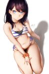  1girl 3: bangs bare_legs between_legs bikini black_hair blue_eyes closed_mouth dutch_angle eyebrows_visible_through_hair foreshortening gridman_universe hand_between_legs highres layered_bikini legs_together long_hair looking_at_viewer medium_hair multi-strapped_bikini navel orange_scrunchie scrunchie seiza side-tie_bikini signature simple_background sitting solo ssss.gridman straight_hair string_bikini striped striped_bikini swimsuit takarada_rikka thighs white_background wrist_scrunchie zasshu 